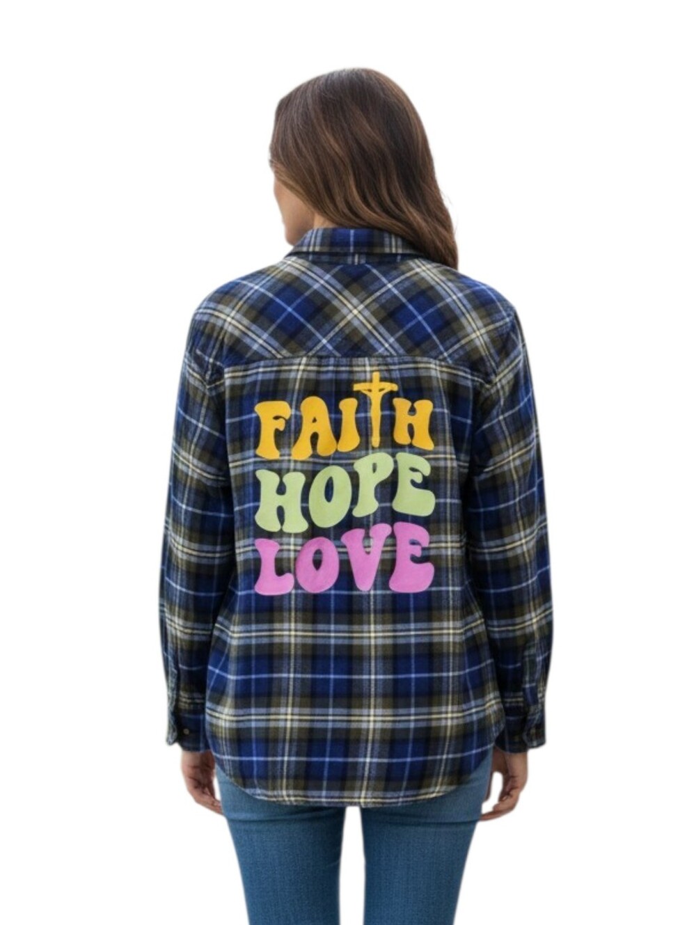 Faith, Hope, Love Repurposed Christian Theme Plaid Flannel Shirt, XL